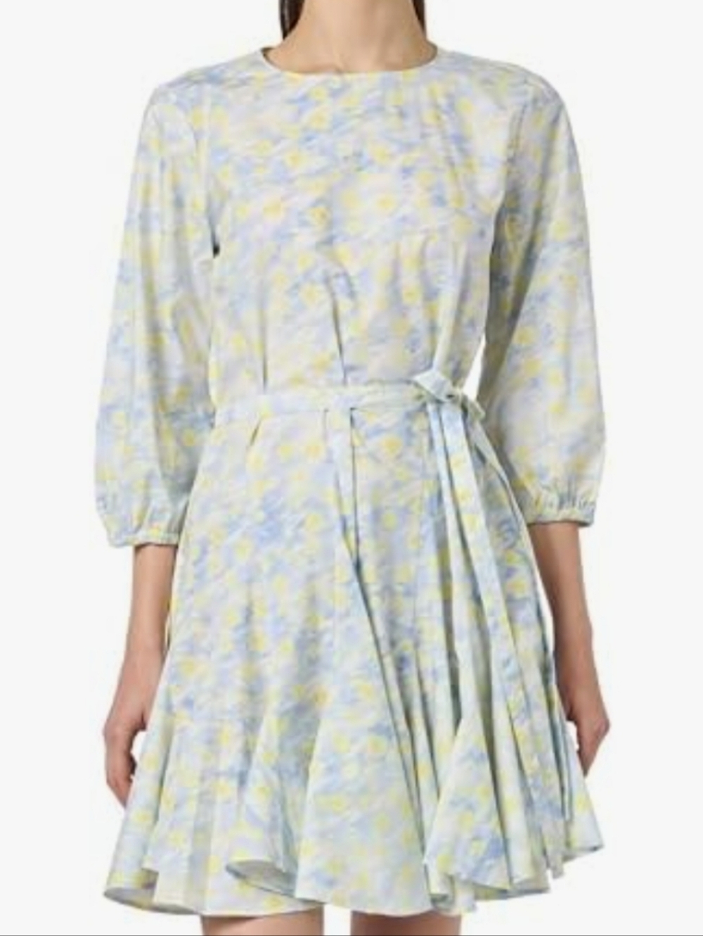 HUGO Karomalla Poplin Cotton Blue & Yellow Floral Tie-Waist Dress 34 EU/0 US